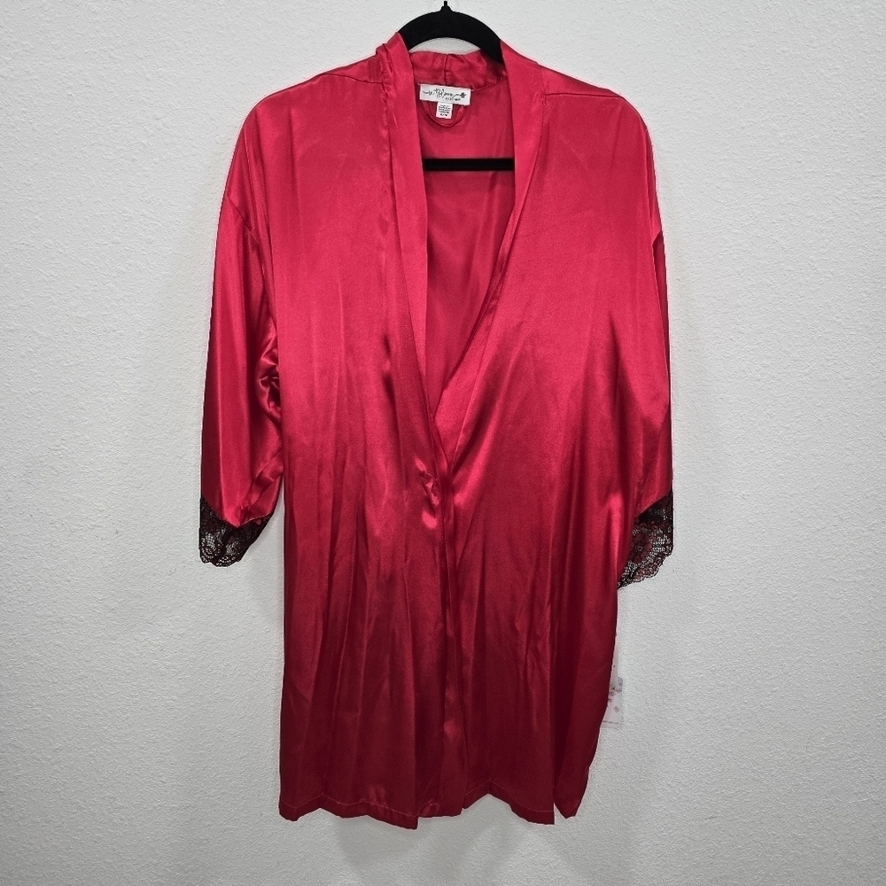 In Bloom By Jinquil Womens Luxurious Red and Black Satin Kimono Robe Size XL
